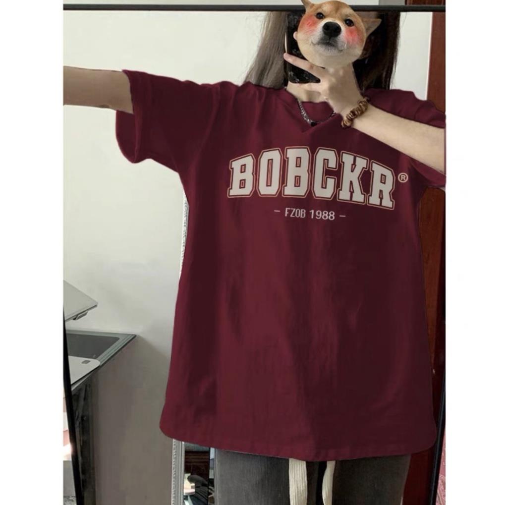 Áo thun nữ tay lỡ in BOBCKR,áo cổ tròn màu đỏ mận chất cotton co dãn 4 chiều