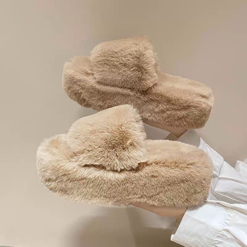 Dép lông thỏ cho nữ đế dày cao 7cm thời gian mùa đông siêu ấm chân