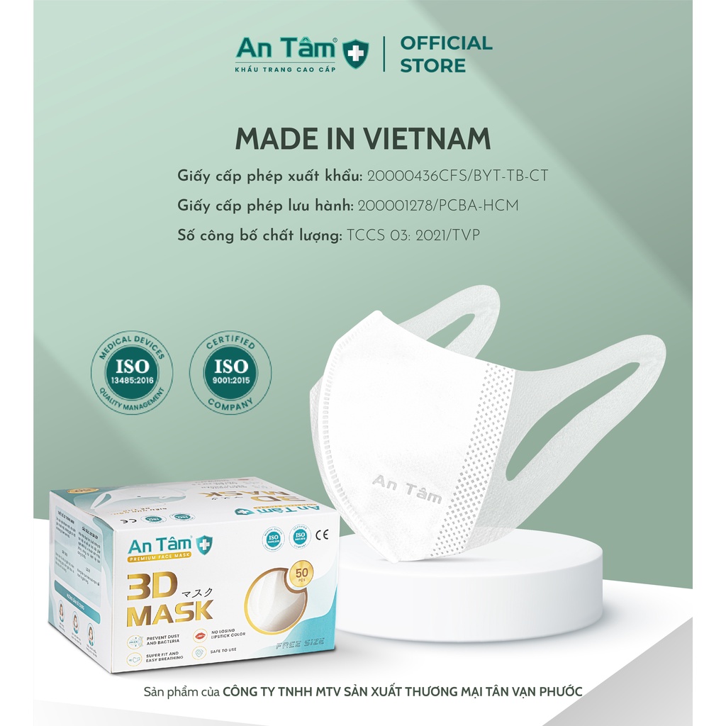 Combo 3 hộp khẩu trang y tế 3D Nhật Bản 3 lớp Giấy kháng khuẩn & Vải không dệt - Chính Hãng AN TÂM - Hộp 50 cái