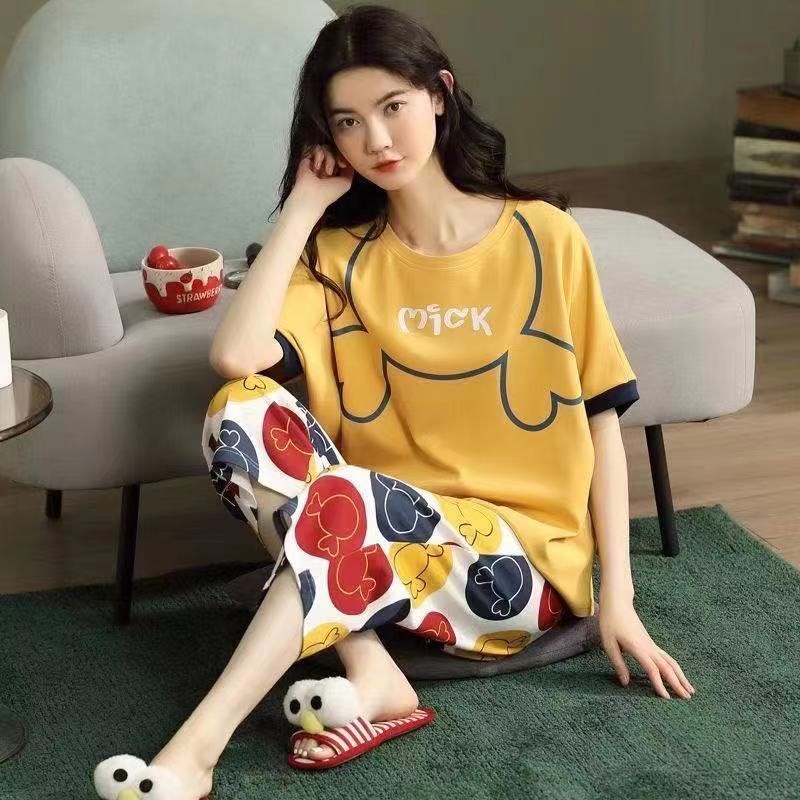Bộ Đồ Ngủ Vải Cotton Tay Ngắn Dáng Rộng Cỡ Lớn Thời Trang Mùa Hè Cho Nữ