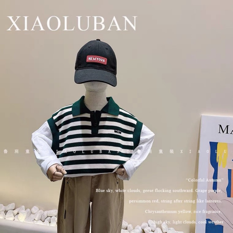 Set Áo Sơ Mi Dài Tay Họa Tiết Sọc + Áo Khoác Ghi Lê Thời Trang Cho Bé