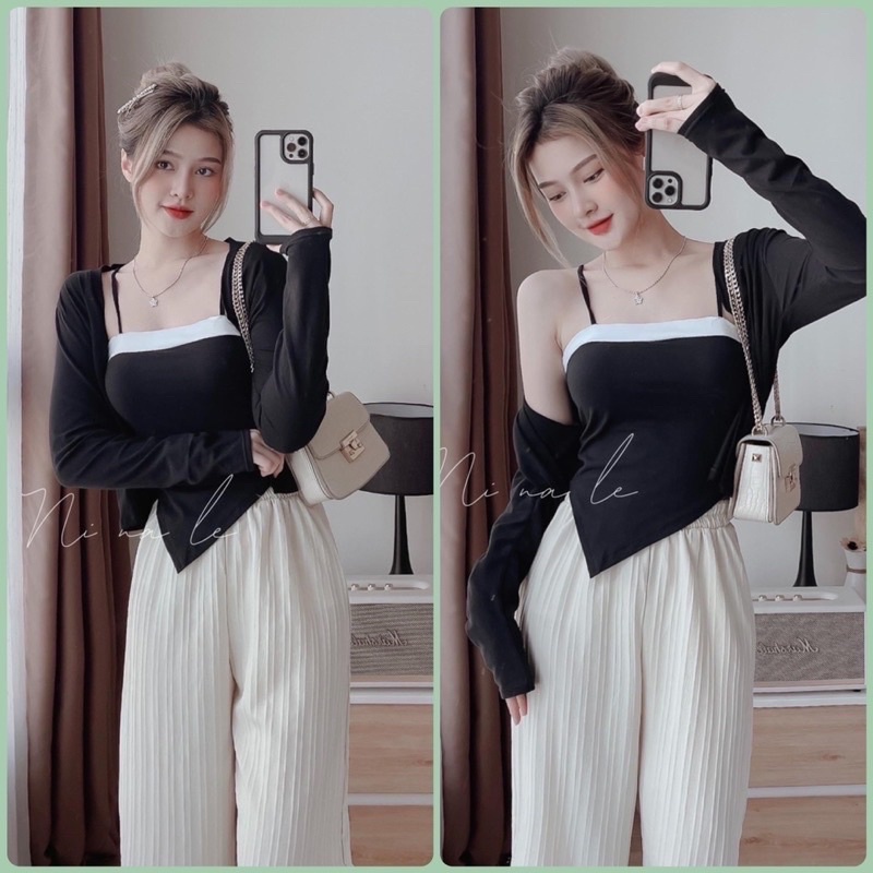 Set áo 2 dây phối khoác lưới dáng ngắn ulzzang