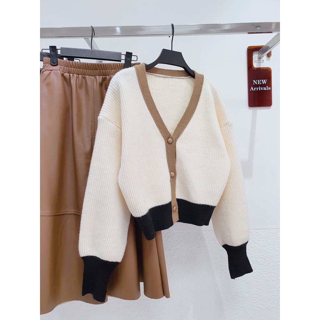 AfterBefore Áo Cardigan cổ tim viền nâu đen