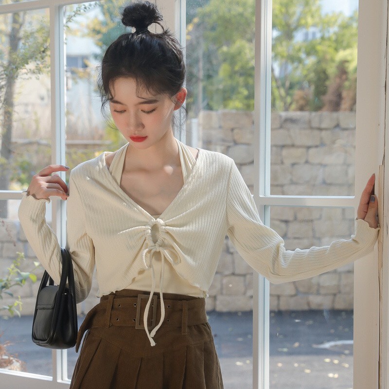 Set áo croptop tay dài cuốn biên kèm áo yếm phối màu phong cách Ullzang cá tính S510