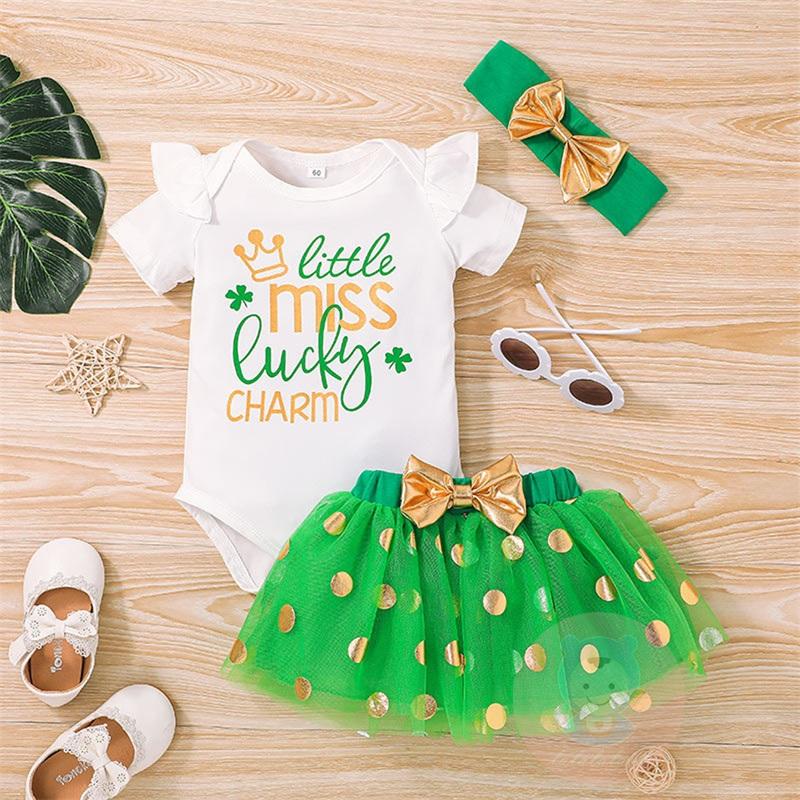 Bộ Áo Liền Quần In Chữ + Chân Váy Xòe Chấm Bi + Băng Đô Nơ Xinh Xắn Cho Bé Gái Laa