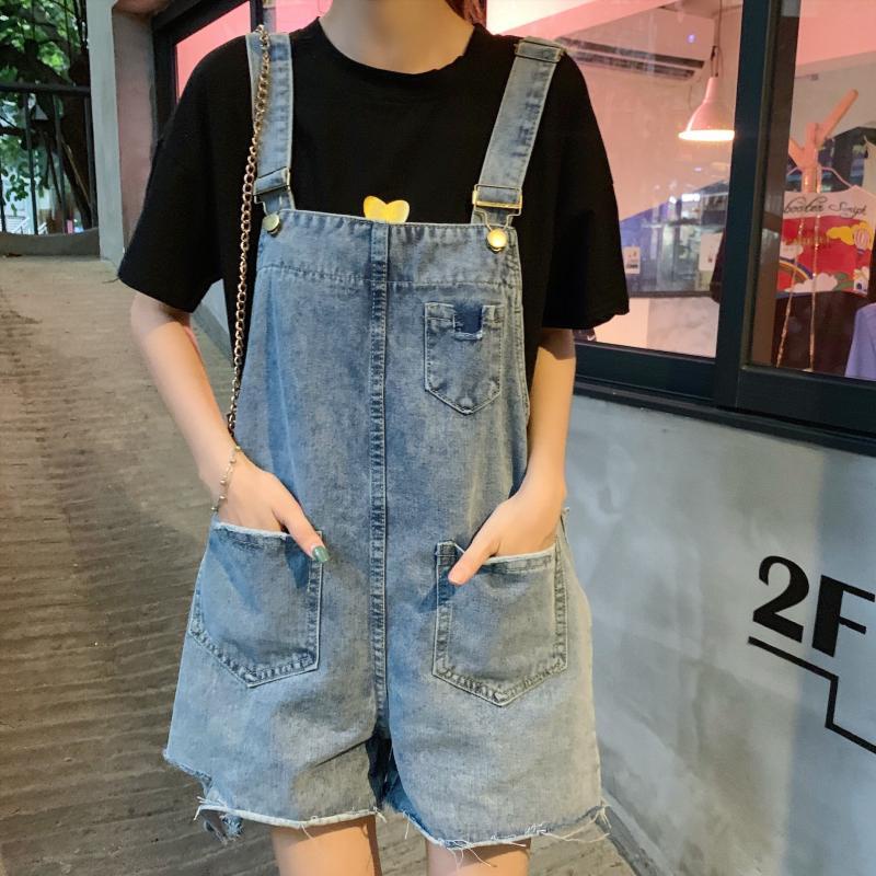 Jumpsuit Denim Ngắn Ống Rộng Lưng Cao Thời Trang Cho Nữ
