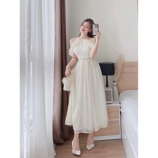 Đầm maxi nude cổ yếm viền ngọc phối voan rớt tay