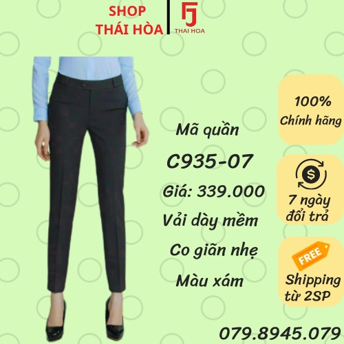 Thái Hoà Chính Hãng Quần tây lưng cao màu xám vải co giãn nhẹ C935 C982