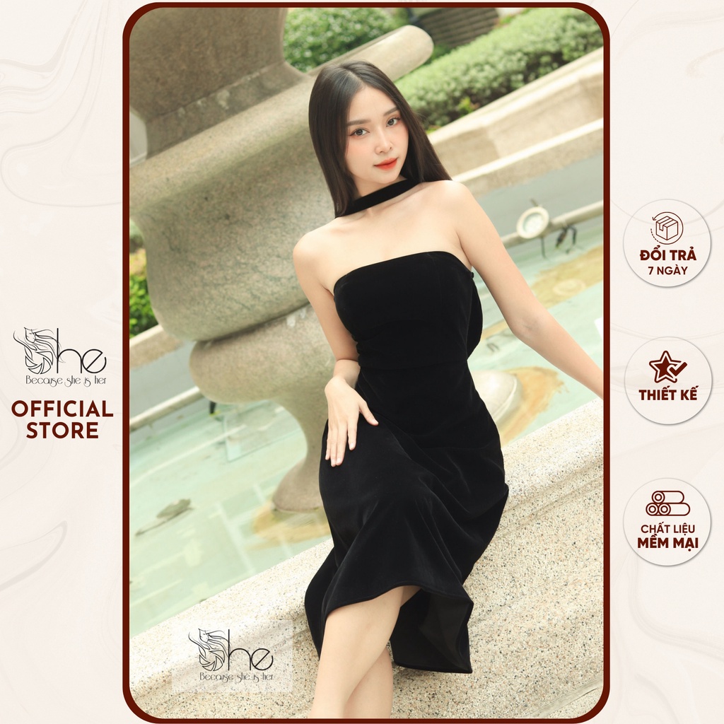 Đầm dự tiệc màu đen cúp ngực She, váy dự tiệc dáng xòe dây cổ nơ lưng vải nhung SDX168