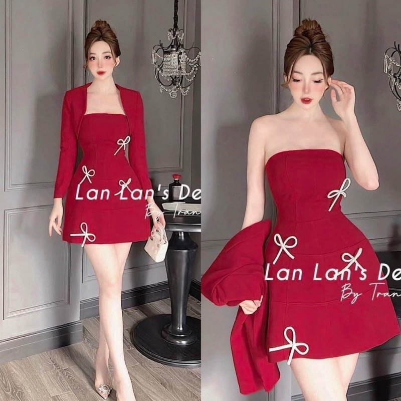 Sét Đầm Váy Nữ Chất Vải Tapta Dày Cúp Ngực Dáng Xoè ( Có Mút Ngực ) Kèm Áo Khoác Dài Tay Đính Phụ Kiện Vip105
