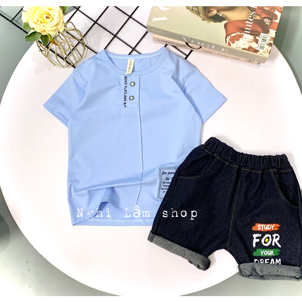 Set đồ bộ bé trai Áo thun cotton trụ giả Quần thun cotton giả jean cho bé từ 10-38kg