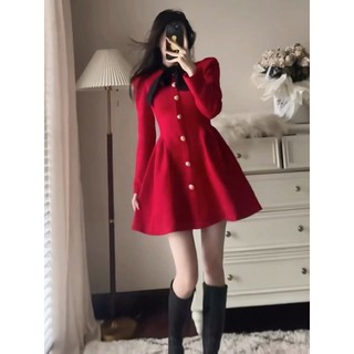 [Sẵn]: Váy đỏ cổ nơ bồng dúm sườn