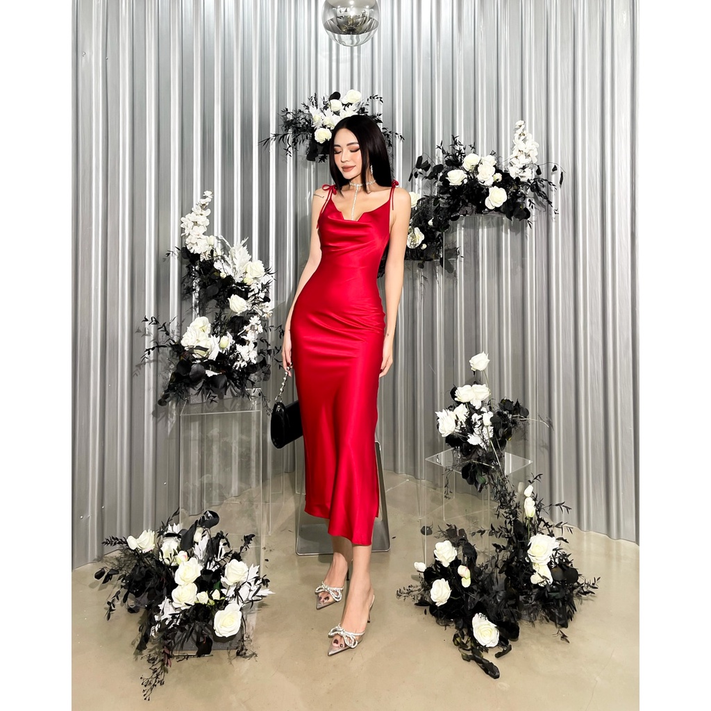 Váy Lụa Thiết Kế Cổ Đổ Dây Cột LSEOUL V1364 Chất Lụa Sang Trọng Phù Hợp Đi Tiệc