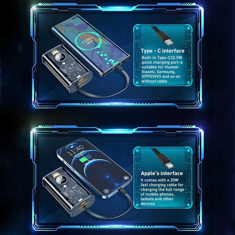 Pin dự phòng trong suốt 10000mah WEKOME WP-345 tích hợp 2 cáp sạc nhanh - PD 20W và QC 22.5W (MÀU NGẪU NHIÊN) PK1986