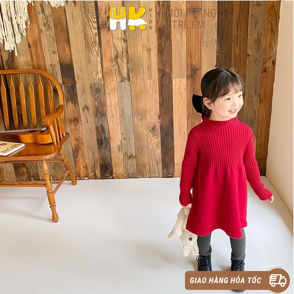 Váy len cho bé gái HK KIDS, đầm len dáng xoè xinh xắn thời trang cho bé sz từ 1-7 tuổi