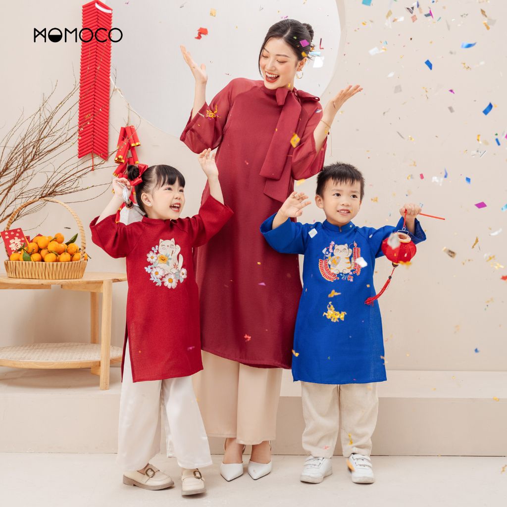 Bộ Áo Dài Tết Organza Thắt Nơ Duyên Dáng MOMOCO Chất Liệu Không Nhăn Xù Phong Cách Tiểu Thư Thanh Lịch M3046