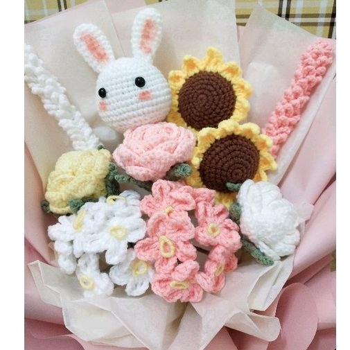 Bó hoa len dệt kim 10 bông gói sẵn kèm túi đựng handmade làm quà tặng ngọt ngào ngày valentime, 8/3, 20/10 cho bạn gái