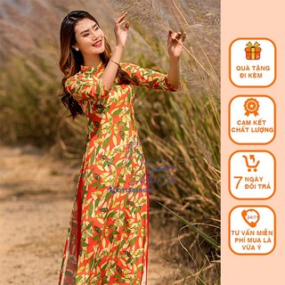 Bộ áo dài truyền thống may sẵn họa tiết lá thu màu cam (Cả bộ)