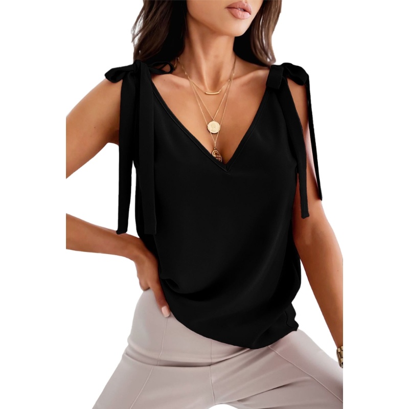 Áo Tank Top Hai Dây Cổ Chữ V Sâu Màu Trơn Thắt Nơ Cho Nữ