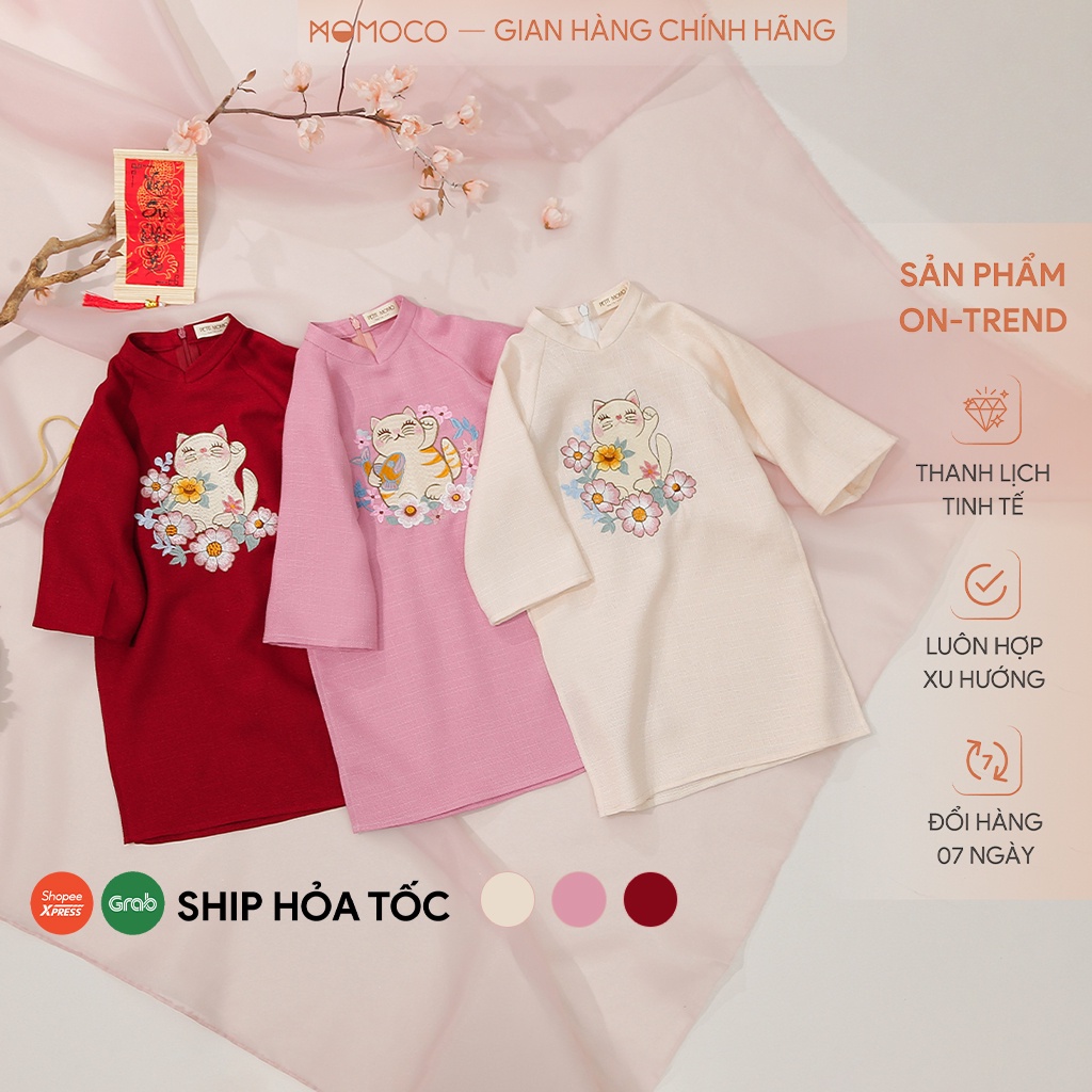 Bộ Áo Dài Trẻ Em PETIT MOMO Thêu Mèo May Mắn Chất Vải Linen Mềm Mại Thoáng Mát Cho Bé Gái H197