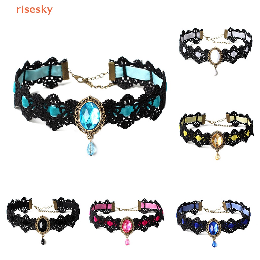 Vòng Cổ Choker Dây Nhung Đen Đính Đá Pha Lê Phong Cách Gothic Cổ Điển