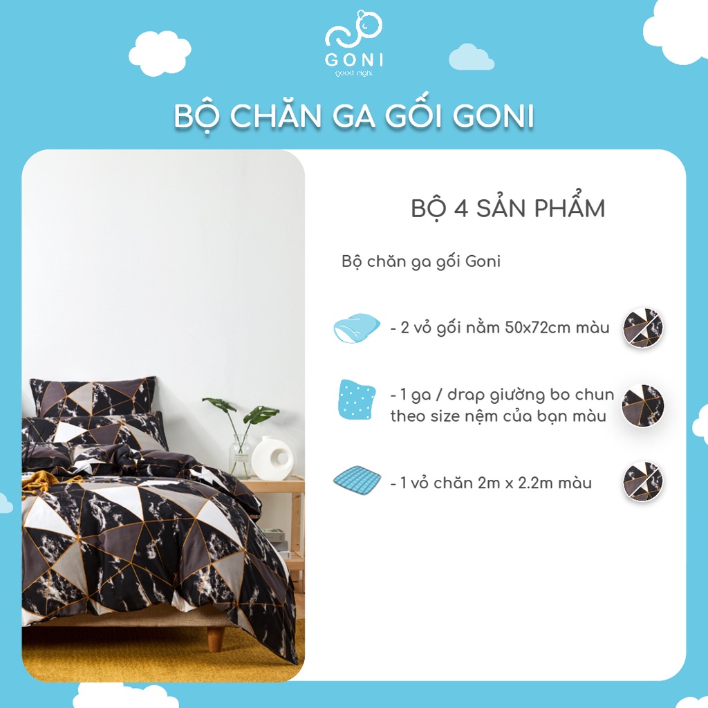 Bộ Chăn Ga Gối Họa Tiết Tam Giác Cẩm Thạch Sang Trọng Cotton Tici GONI Drap Giường Đủ Kích Thước Trải Nệm Không Kèm Ruột