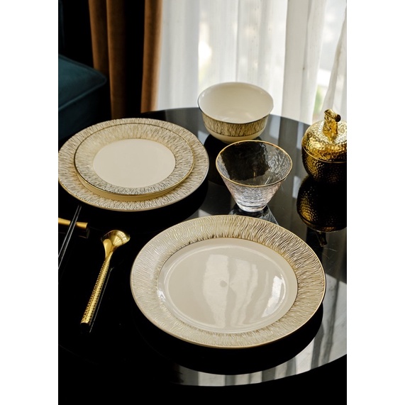 Đĩa phong cách Bắc Âu sang trọng, viền vàng, ăn tiệc cao cấp, để salad, ăn chính,bát soup