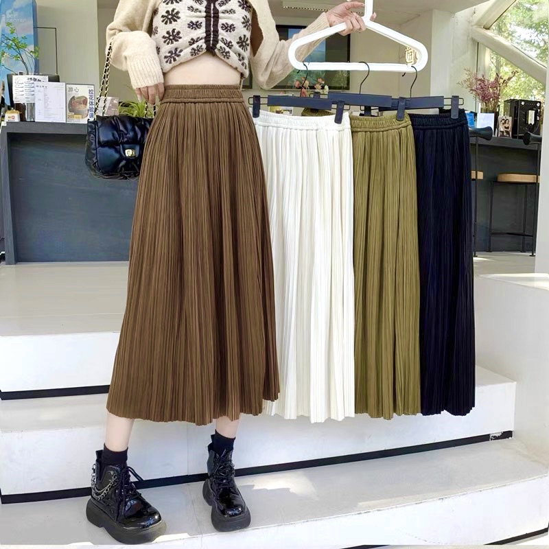 Chân váy nhung tuyết xếp li nhỏ dáng xoè dài