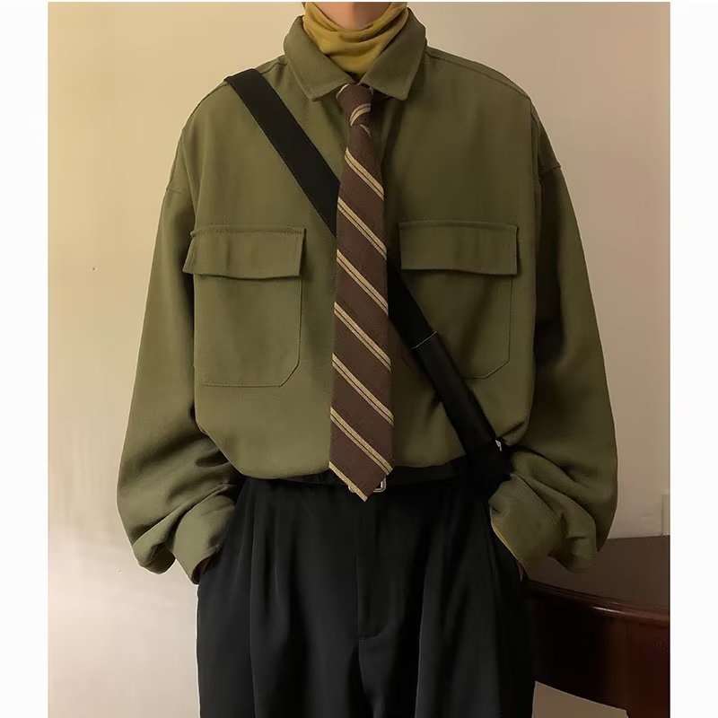 Áo Sơ Mi Phối Túi Thời Trang Vintage Đơn Giản Dành Cho Nam Và Nữ áo sơ mi nam form rộng hàn quốc áo nam đẹp Áo sơ mi chất lượng cao