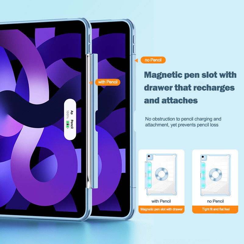 IKey Transparent Magnetic Detachable Acrylic With Drawer Pen Slot Case Casing  for iPad Pro 11 12.9 7th 8th 9th gen 10.2 Air 5 Air 4 10th gen 10.9 inch 2022 2021 2020 2018 Anti Bending Rotation Protective Cover