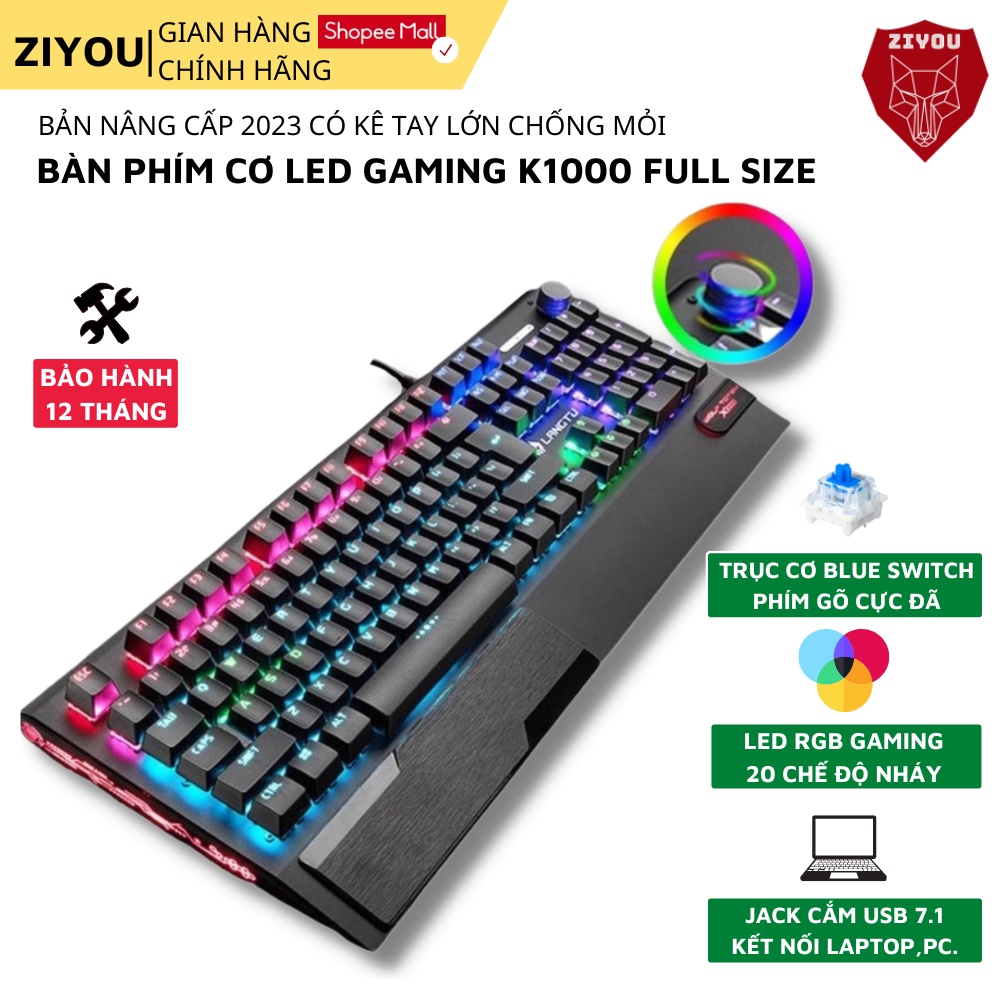 Bàn Phím Cơ Chuyên Game Ziyou K1000 Full Crack 20 Chế Độ Led RGB Cực Đẹp, Phím Full Size, Trục Cơ Blue Switch Cao Cấp