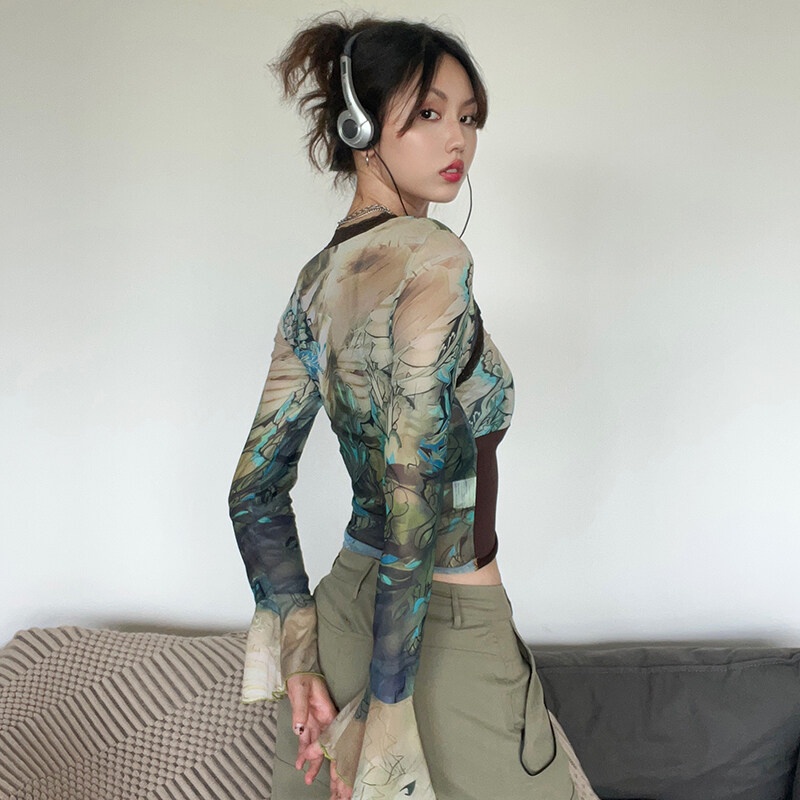 Weird Puss Áo thun dài tay nhuộm màu phong cách retro thời trang cho nữ