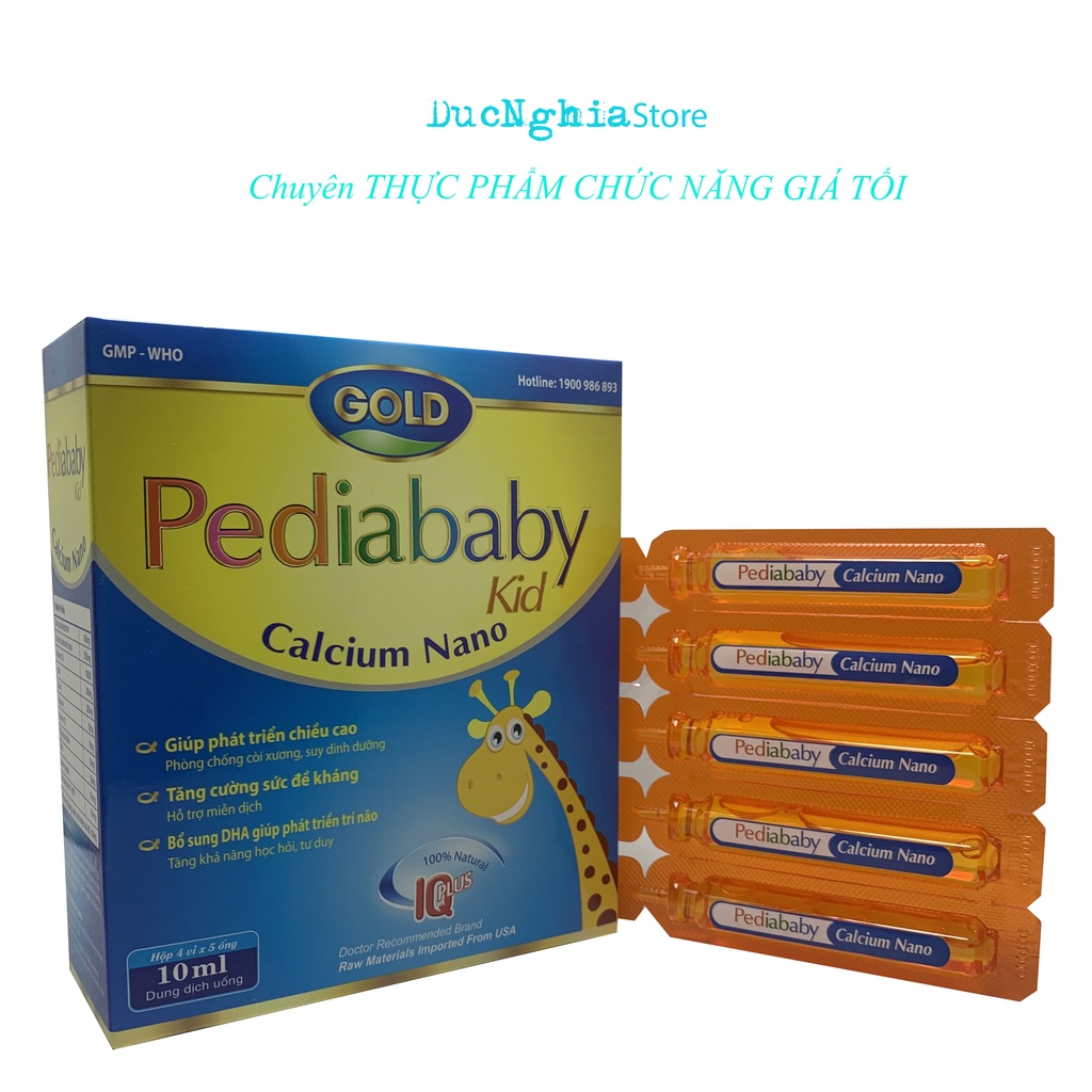 Pediababy kid gold Calcium Nano, Bổ sung canxi và vitamin D3, hỗ trợ sự hình thành và phát triển chiều cao - Hộp 20 ống,