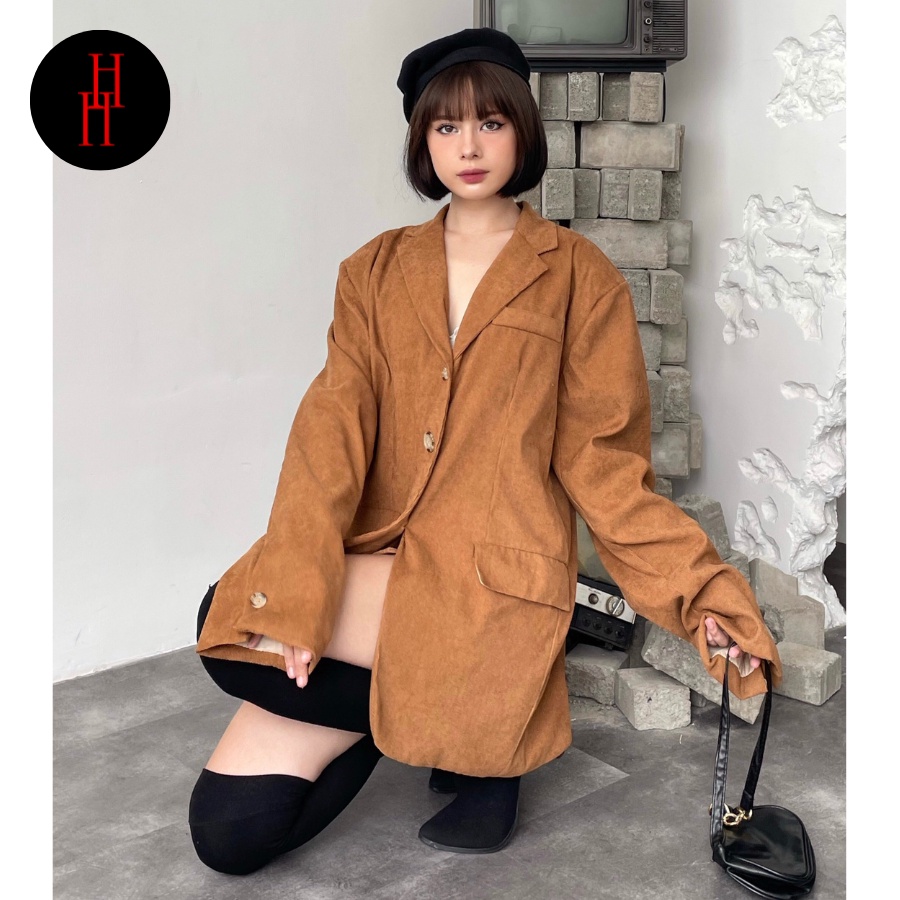 Áo blazer nữ dáng rộng màu nâu HAK20 Hỉn Hỉn Store