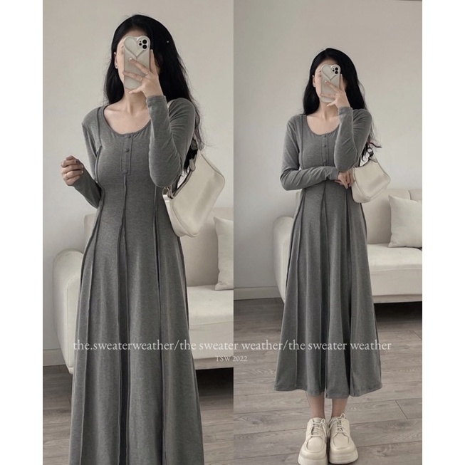 VÁY LEN ZIP GÂN DÀI TAY DÁNG DÀI XOÈ VLZGDT