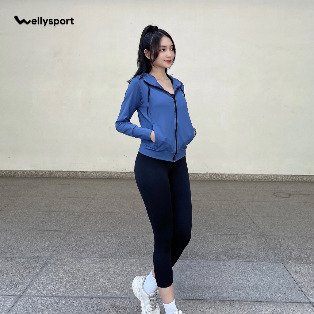 Áo Khoác Nữ Running Chất Nỉ, Màu Xanh Dark Blue, Welly Sport, Mã AKN07