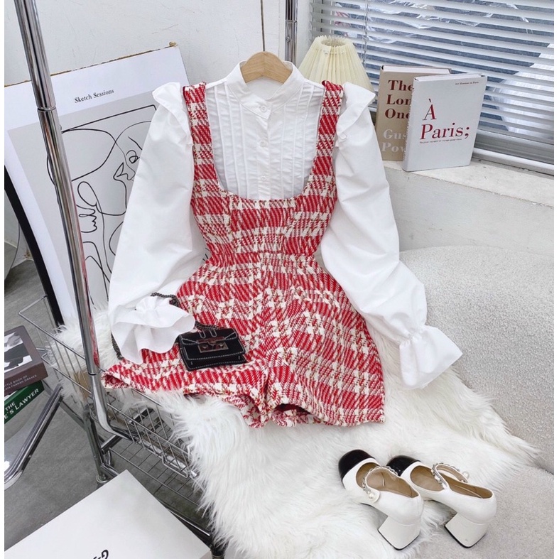 SET Yếm quần đỏ/caro kèm Áo sơ mi trắng tay phồng NÀNG CLOSET