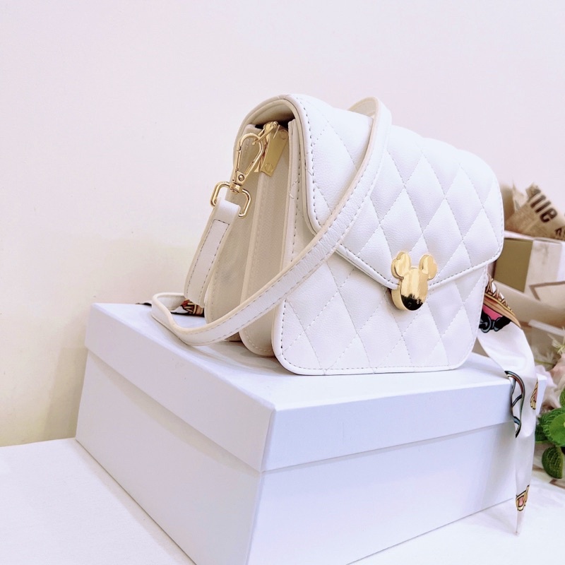 Túi đeo chéo khóa hình chuột dễ thương kèm nơ phối xích dây da phong cách Korea dễ thương thanh lịch