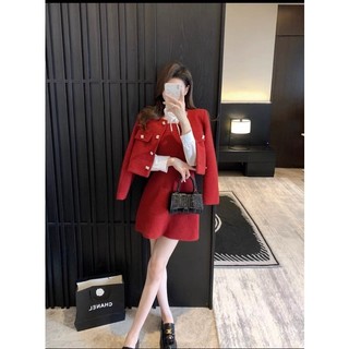 Set váy dạ 2 dây mix áo khoác ngoài dáng lửng tặng kèm bờm siêu xinh