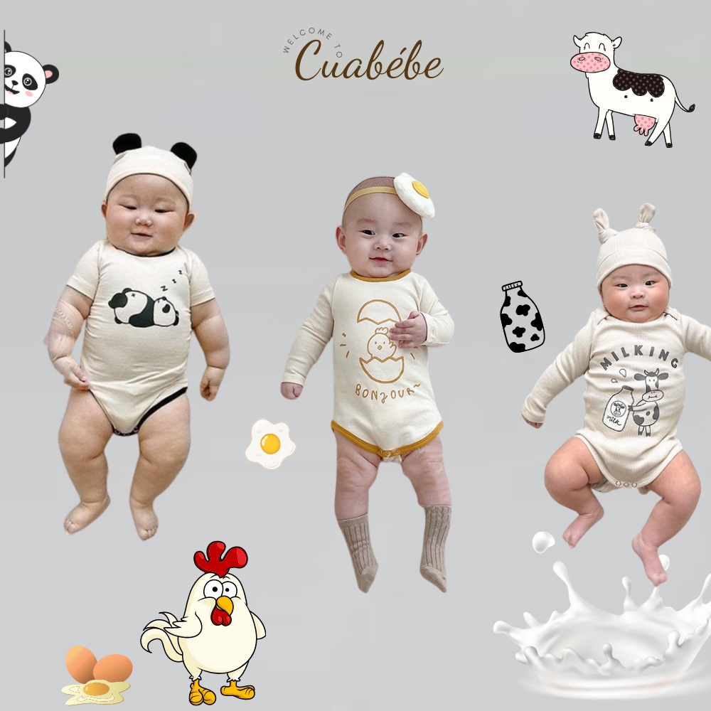 Bộ Body Chip Hình Con Vật Kèm Mũ Cho Bé, Bodysuit Bò Sữa, Gấu Trúc, Gà Con Kèm Mũ Đáng Yêu Cho Bé 5-15kg Cuabebe