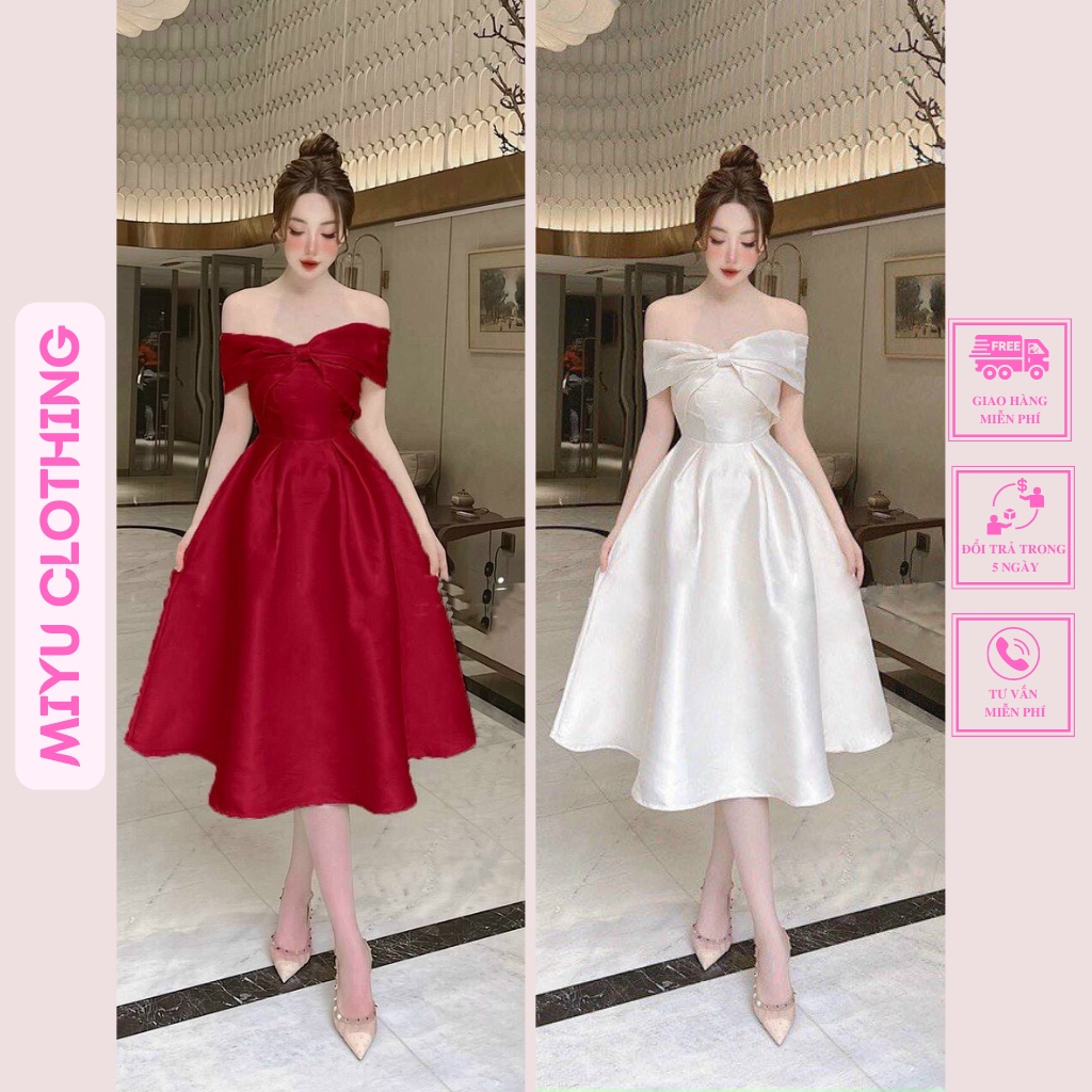 Váy đỏ dự tiệc trễ vai đầm đỏ dáng dài xòe mặc noel tết sang chảnh quyến rũ Miyu clothing