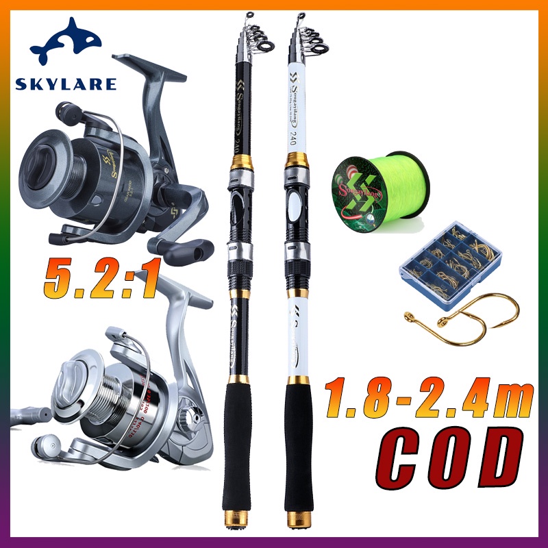 Bộ cần câu máy cần câu cá chất lượng cao đánh cá bằng sợi carbon 1.8-2.4m+6BB Máy Câu Cá，tỷ lệ tốc độ 5.2: 1