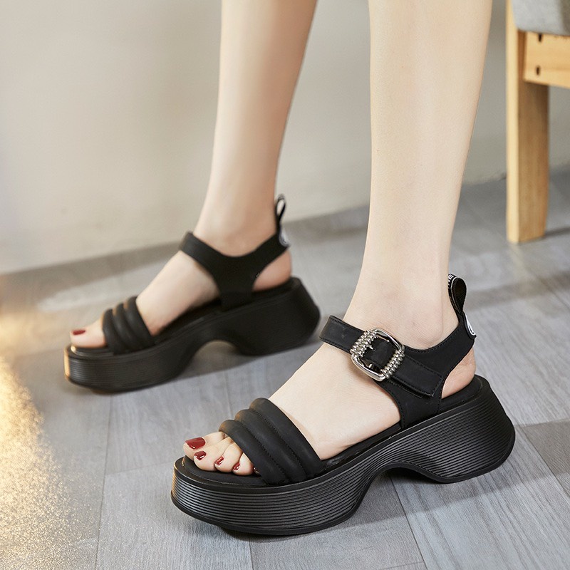 Giày sandal nữ LEMO dép quai hậu học sinh kiểu dáng Hàn Quốc quai dán đế khoét eo 5 cm màu đen