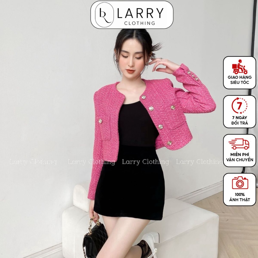 Áo dạ tweed nữ thiết kế tay dài màu hồng cúc to kim loại có túi 2 bên sang chảnh thời trang thiết kế Larry Clothing A753