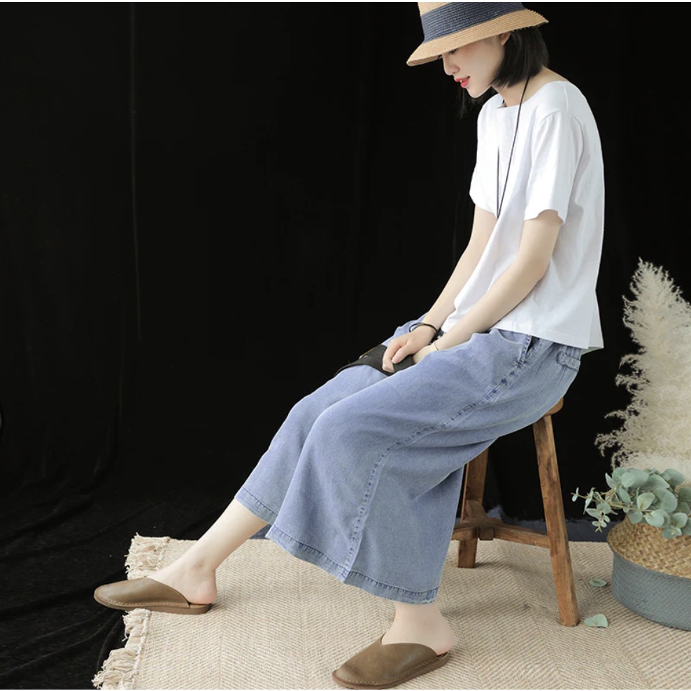 Quần baggy nữ KAMAKA Kamaka denim ống rộng dây rút - NU5442