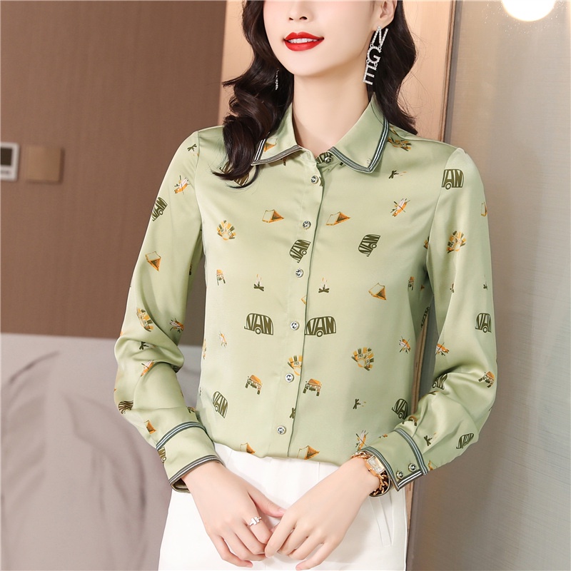 Áo Sơ Mi Vải Lụa Satin Giả Lụa Satin Cao Cấp Màu Xanh Lá Phong Cách Pháp Thời Trang Mùa Xuân 2023 Cho Nữ