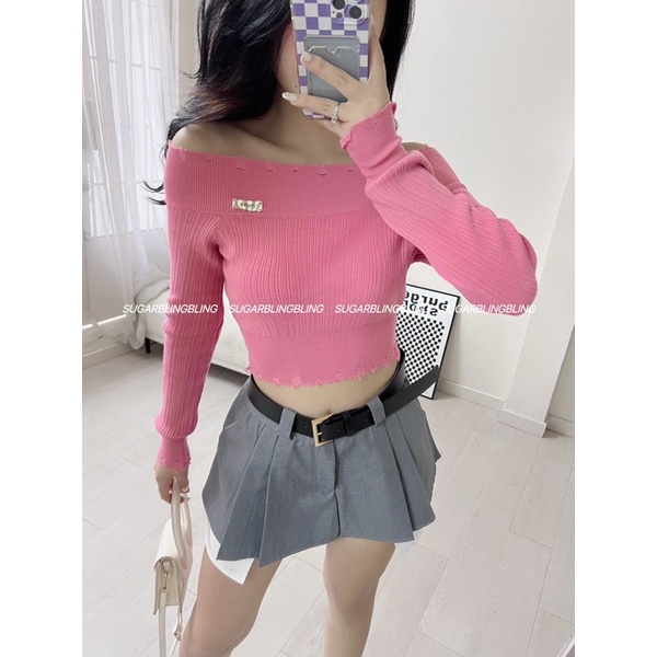 SET ÁO CROPTOP PURE LEN GÂN RÁCH + CHÂN VÁY TÀ TRẮNG KÈM NỊT V23 | Sugarblingbling