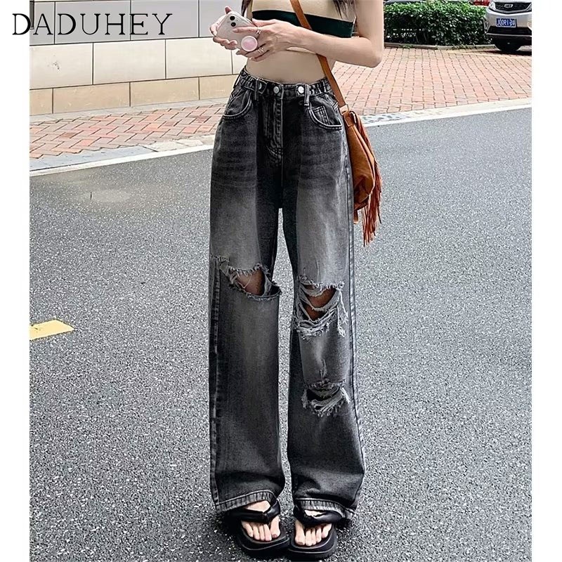 Daduhey Quần jeans dài ống rộng lưng cao khoét lỗ phong cách trẻ trung pha cổ điển thời trang Hàn Quốc | BigBuy360 - bigbuy360.vn