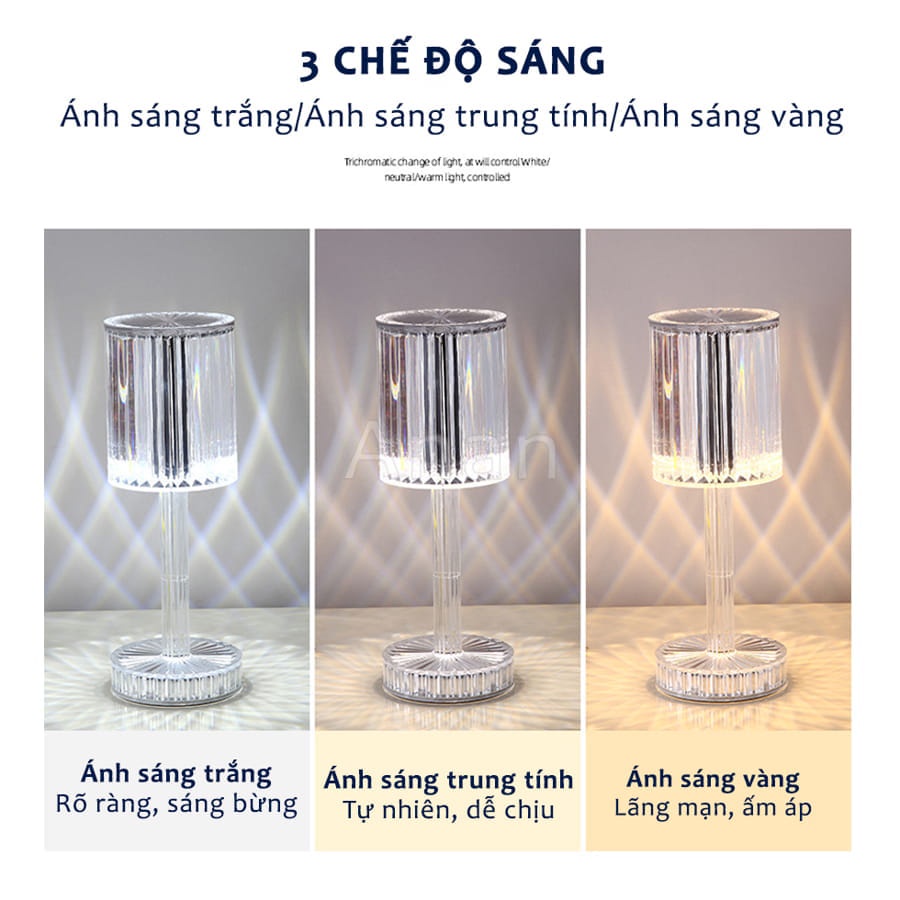 Đèn Ngủ Pha Lê Để Bàn Có Đế Ánh Sáng Kim Cương Hiệu Ứng 3D, Có Tới 16 Màu Trang Trí Phòng, Chế Độ Cảm Biến Tích Điện