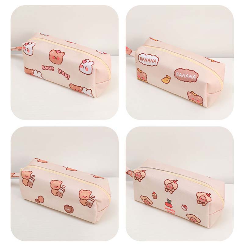 Túi đựng bút vải canvas sức chứa lớn in họa tiết gấu hoạt hình đáng yêu tiện lợi HSU
